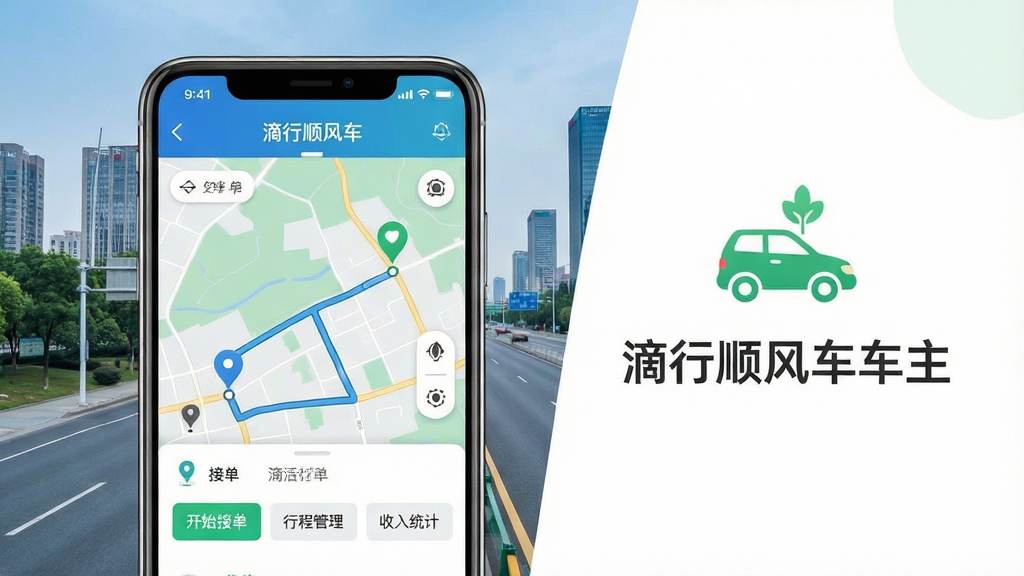 主体:滴行顺风车车主APP界面展示,手机屏幕上显示地图路线与车主接单页面,背景为城市道路风景;布局:手机居中偏左,右侧留白配以绿色出行图标与“滴行顺风车车主”字样;排版:简洁现代,界面元素清晰,文字标签可读;风格:写实与扁平化结合,色调以蓝绿为主,突出安全与环保;细节:屏幕内可见“开始接单”“行程管理”“收入统计”等按钮,地图上标注起点与终点;画质:高清渲染,干净无多余元素