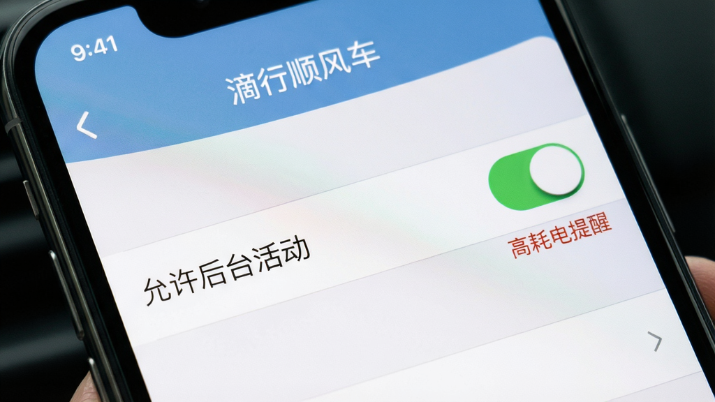 主体:滴行顺风车车主APP在手机后台运行设置界面,显示“允许后台活动”开关;布局:手机屏幕特写,设置项清晰可见;排版:列表式布局,文字说明简洁;风格:系统原生UI风格,色彩真实;细节:开关处于开启状态,旁边有“高耗电提醒”字样;画质:清晰,干净无多余元素