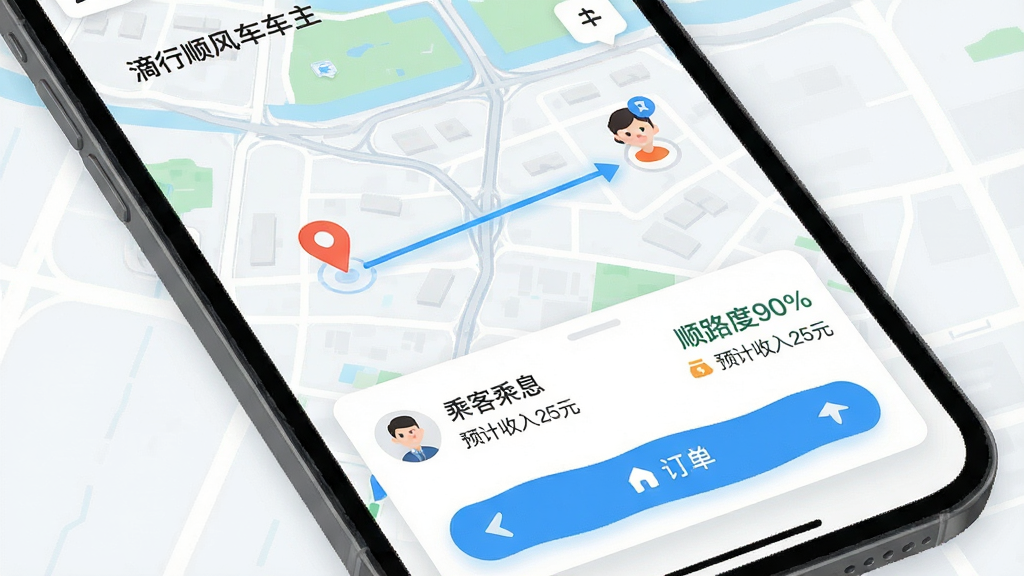 主体:滴行顺风车车主APP的订单匹配界面,地图上显示车主位置与乘客位置,有连线表示顺路匹配;布局:地图占满屏幕,下方浮出订单卡片显示乘客信息与顺路度;排版:卡片信息简洁,按钮醒目;风格:扁平化UI设计,色彩清新;细节:卡片上标注“顺路度90%”“预计收入25元”,导航按钮明确;画质:高清,干净无多余元素