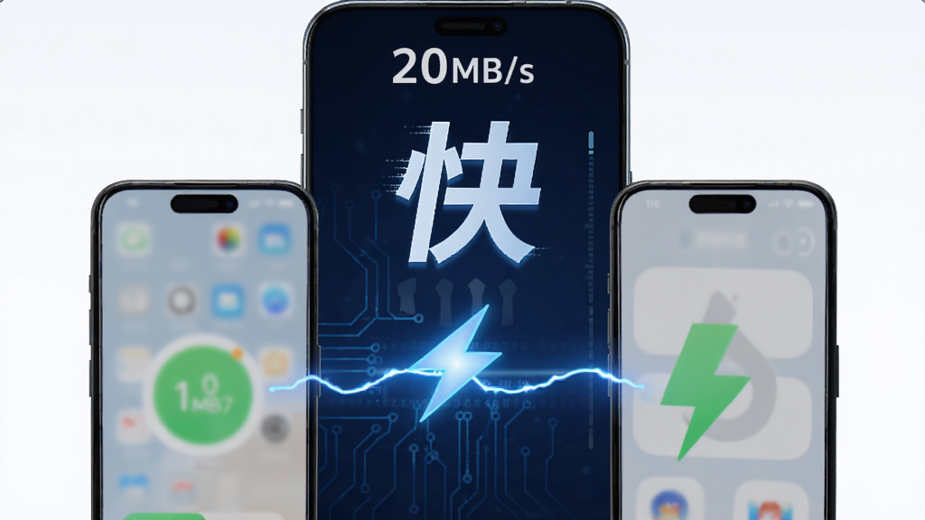 手机克隆互传搬家助手高速传输界面,两部手机之间有一条发光的闪电连线,上方显示传输速度“20MB/s”,背景为深蓝色科技感风格,突出“快”字,画质细腻,干净无多余元素