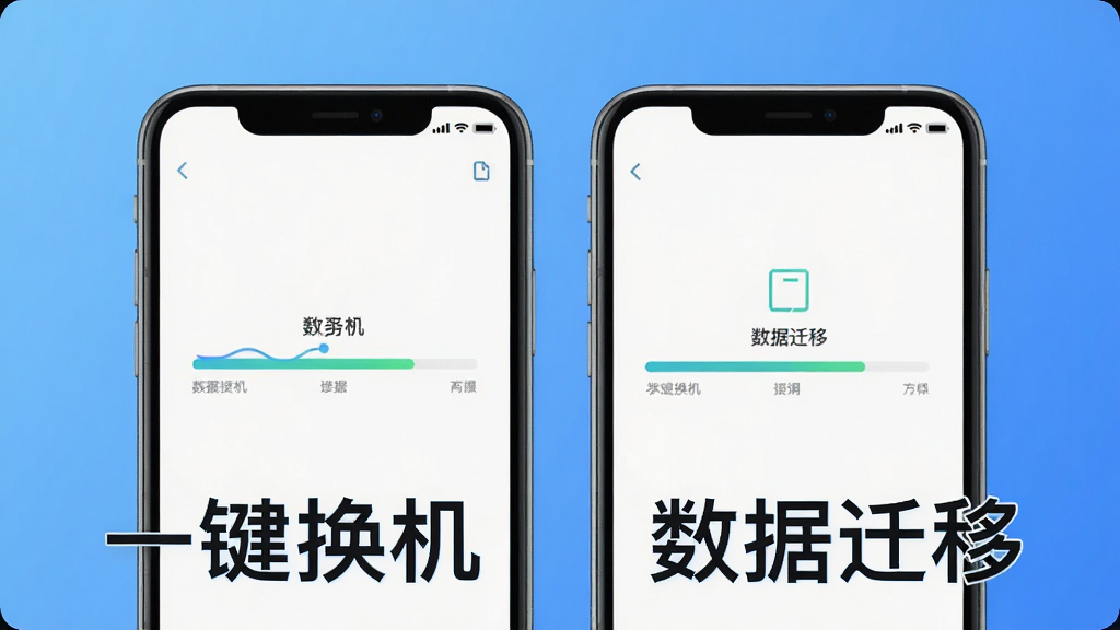 手机克隆互传搬家助手主界面,两部手机并排放置,屏幕显示数据迁移进度条,背景为简约蓝色渐变,前景有清晰的“一键换机”“数据迁移”字样,风格扁平化,干净明亮,画质高清,无多余元素