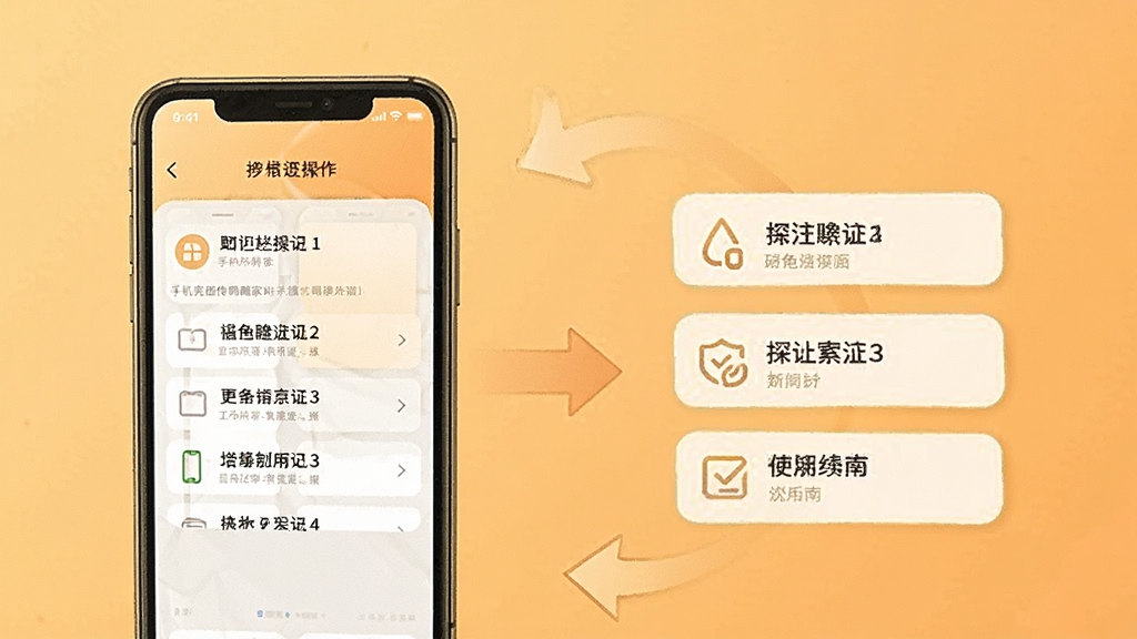 手机克隆互传搬家助手使用指南示意图,手机屏幕显示操作步骤列表,旁边配有箭头指示,背景为暖色调,风格简洁明了,画质干净,无多余元素