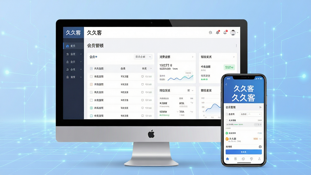 现代商务风格的主视觉图,主体为电脑屏幕与手机界面同时展示“久久客”会员管理后台,屏幕上有会员列表、消费金额、短信发送等数据面板,背景为浅蓝色渐变的抽象科技网格,布局居中对称,排版清爽大气,风格写实结合扁平化UI,细节包含清晰的软件LOGO与“久久客”中文文字,画质高清,干净无多余元素
