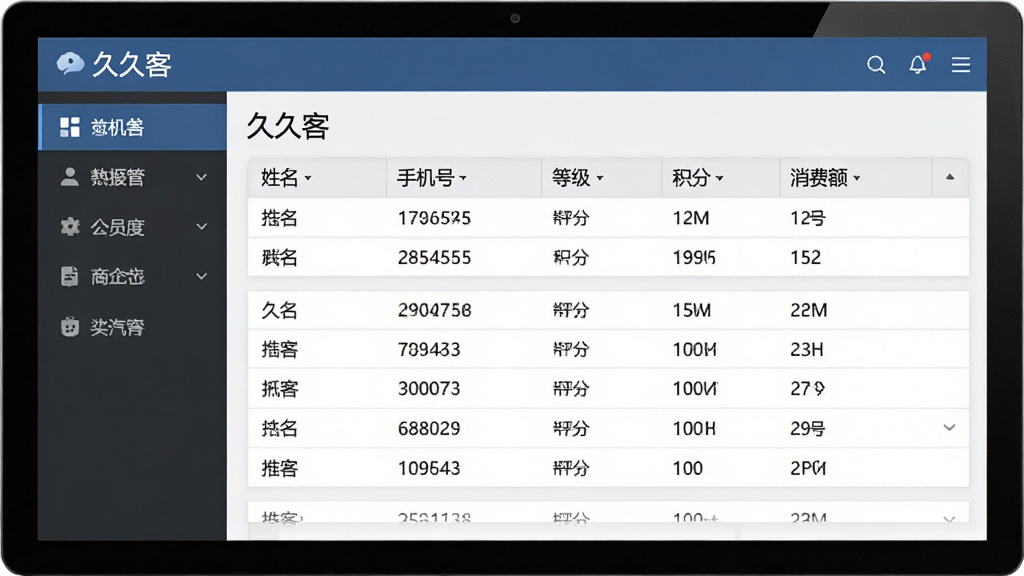 展示“久久客”会员档案管理界面的截图风格图片,主体为电脑屏幕中的会员信息表格,包含姓名、手机号、等级、积分、消费额等列,左侧有功能菜单栏,布局规整清晰,排版简洁,风格偏向商务软件界面写实,细节突出数据可视化元素,屏幕中显示“久久客”字样,画质细腻,干净无多余装饰