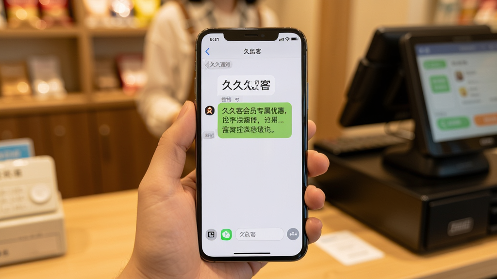 展示手机收到“久久客”短信通知的场景,主体为一部智能手机屏幕显示营销短信内容,背景为温馨的店面收银台环境,布局以手机为中心,排版自然,风格写实,细节突出短信文字如“久久客会员专属优惠”,画质清晰,干净无多余杂物