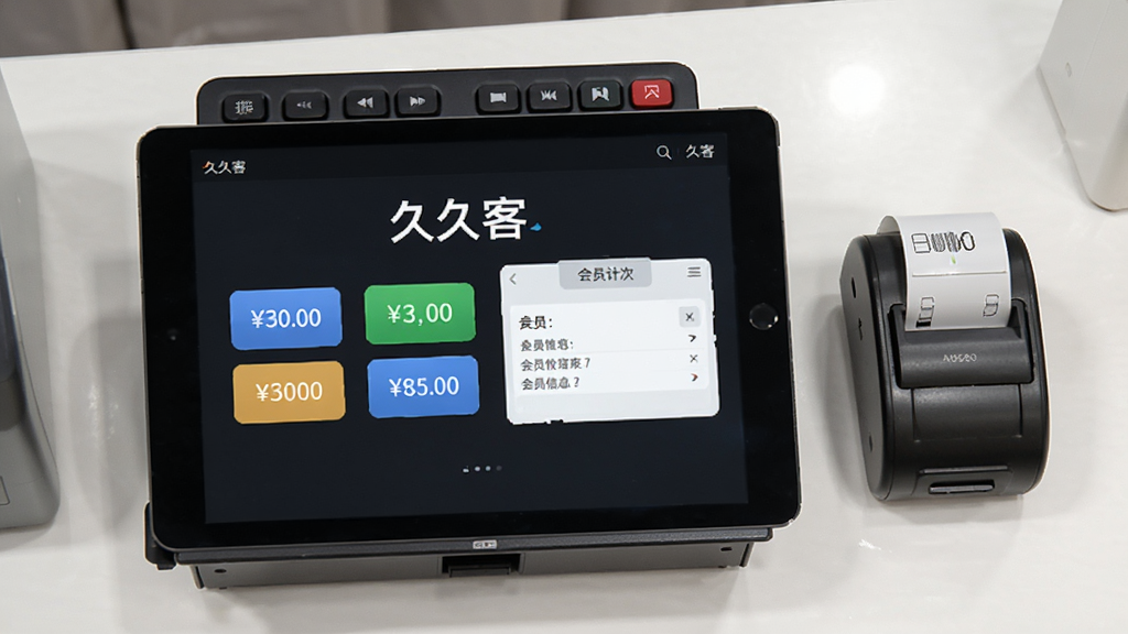 展示“久久客”收银台操作界面,主体为平板电脑显示充值计次页面,有金额按钮与会员信息,旁边有小型热敏打印机,布局为俯视角度,排版整洁,风格写实,细节包含“久久客”界面文字,画质清晰,干净无多余元素