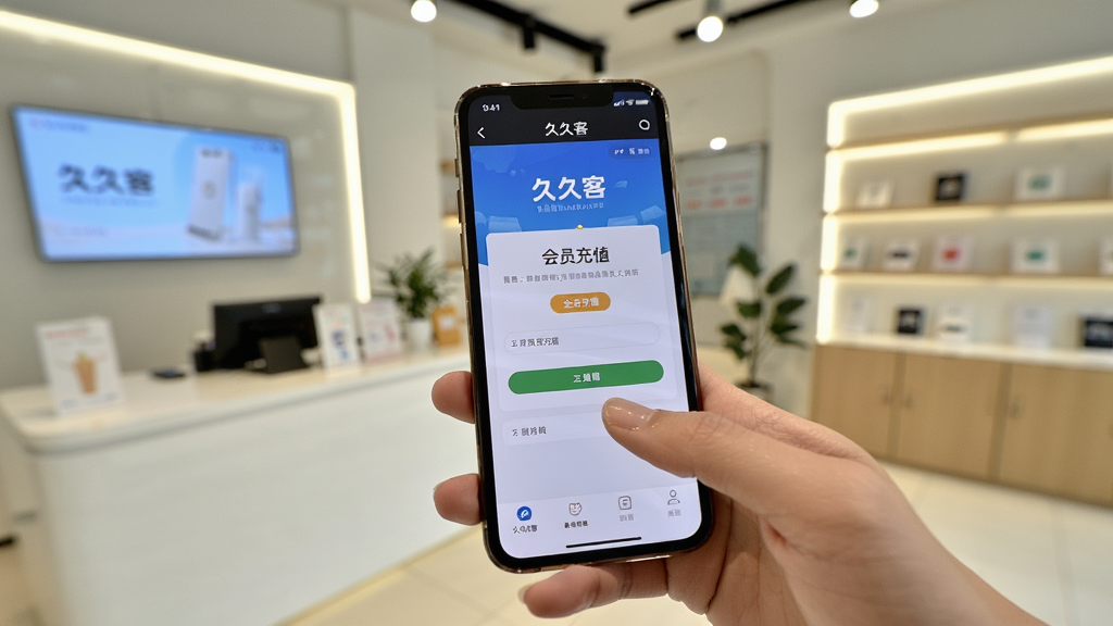 手机端操作“久久客”的实拍图,主体为手持手机点击会员充值页面,背景为明亮的门店环境,布局自然,排版写实,风格生活化,细节包含“久久客”APP界面,画质清晰,干净无多余元素
