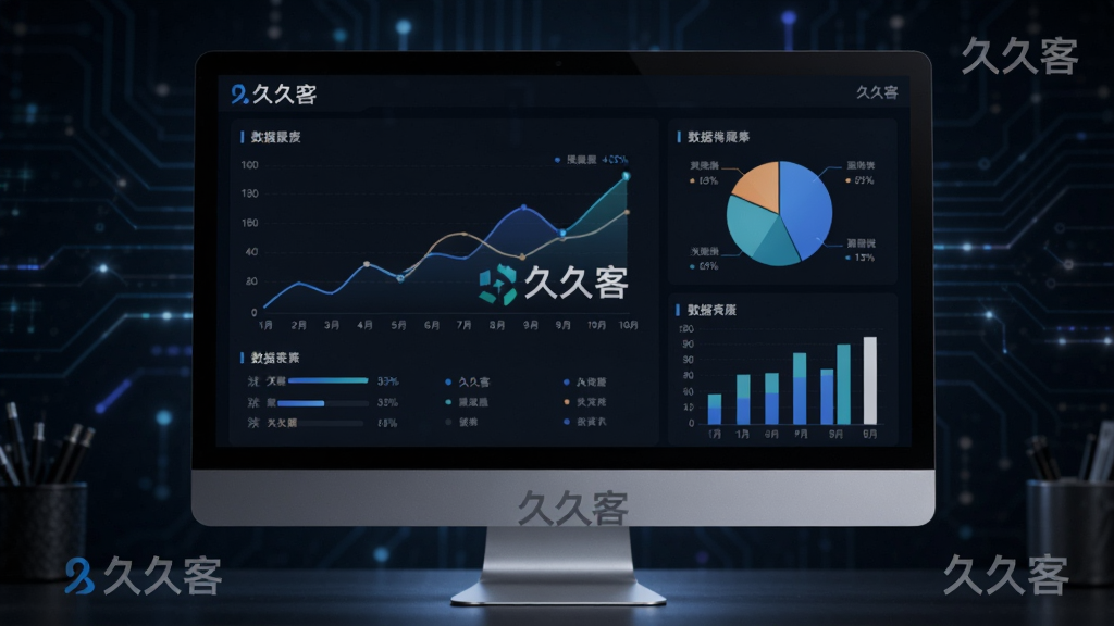 展示“久久客”数据报表的图表风格图片,主体为电脑屏幕上的折线图、饼图与柱状图,背景为深色科技感,布局图表分布均匀,排版美观,风格商务简约,细节有“久久客”水印,画质高清,干净无多余元素
