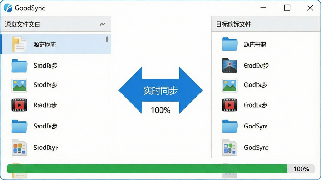 主体:GoodSync软件界面展示双向同步功能,左侧为源文件夹,右侧为目标文件夹,中间有双向箭头表示同步方向。布局:界面清晰分为左右两栏,中间箭头醒目,底部显示同步进度条。排版:文件夹列表中包含文档、图片、视频等图标,箭头为蓝色,进度条为绿色。风格:简洁直观,商务科技风格。细节:箭头旁边有“实时同步”字样,进度条显示“100%”。画质:高清晰度,界面元素锐利,无多余元素。