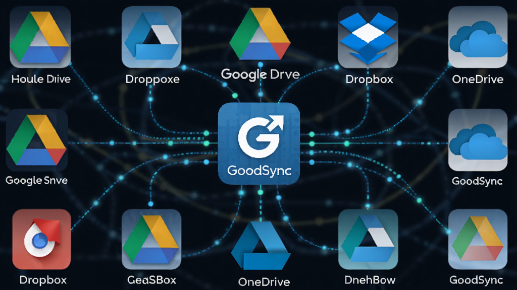 主体:多个云存储图标围绕在GoodSync软件图标周围,图标之间有数据线连接。布局:中心为GoodSync图标,周围排列Google Drive、Dropbox、OneDrive等图标,线条交织成网络状。排版:图标下方标注云服务名称,中心图标有“GoodSync”字样。风格:现代扁平化设计,色彩丰富但不杂乱。细节:数据线上有小光点流动,表示数据传输。画质:清晰细腻,无多余元素。