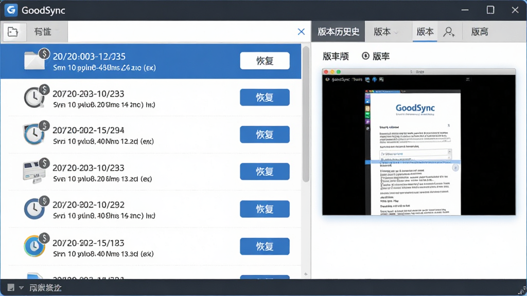 主体:GoodSync软件界面显示版本历史列表,每个版本带有时间戳和文件大小。布局:左侧为文件列表,右侧为版本历史面板,选中某个版本时显示预览。排版:版本列表按时间倒序排列,最新版本在最上方,每个版本有“恢复”按钮。风格:干净整洁,信息清晰,商务风格。细节:版本图标上有时间标签,预览窗口显示文件内容。画质:高分辨率,文字清晰,无多余元素。