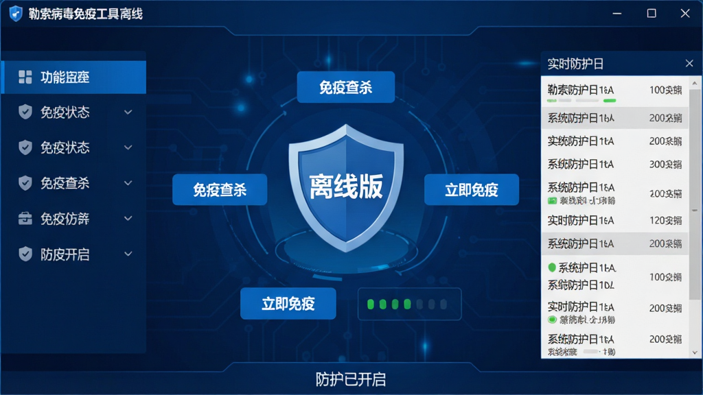 主体:一款名为“勒索病毒免疫工具 离线版”的安全软件界面,居中显示,背景为深蓝色科技感风格。布局:界面中央有盾牌图标,周围环绕着“免疫查杀”按钮和系统状态指示区。排版:左侧功能列表,右侧实时防护日志。风格:扁平化设计,科技蓝主色调,简洁干净。细节:盾牌上有“离线版”字样,按钮上写“立即免疫”,界面底部显示“防护已开启”。画质:高分辨率,清晰,干净,无多余元素。