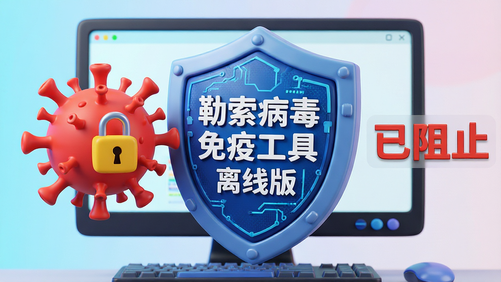 主体:电脑屏幕前,一只卡通风格的盾牌正在拦截一个红色病毒图标,盾牌上写“勒索病毒免疫工具 离线版”。布局:主体居中,病毒在左侧被拦截,右侧有“已阻止”文字。排版:简洁明了。风格:3D卡通渲染,色彩鲜明。细节:盾牌表面有科技纹理,病毒图标带有锁头。画质:高清,干净,无多余元素。