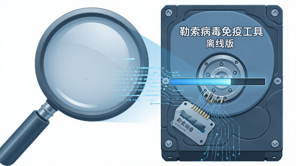 主体:一个放大镜正在扫描电脑硬盘,硬盘上标有“勒索病毒免疫工具 离线版”字样。布局:放大镜在左侧,硬盘在右侧,中间有扫描进度条。排版:横向布局。风格:科技感插画,蓝灰配色。细节:放大镜镜片反光,硬盘表面有数据流动线条。画质:高清晰,干净,无多余元素。
