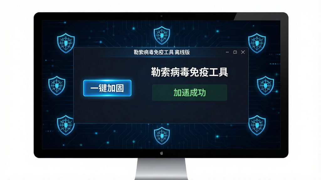 主体:一个电脑屏幕,上面显示“勒索病毒免疫工具 离线版”的加固界面,左侧有“一键加固”按钮。布局:居中显示,四周有防护网图标。风格:商务科技风,深色背景。细节:按钮高亮,界面显示“加固成功”提示。画质:高分辨率,干净,无多余元素。