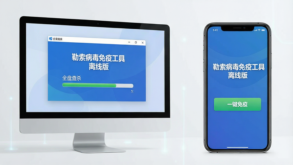 主体:电脑屏幕显示“勒索病毒免疫工具 离线版”运行界面,旁边有一部手机屏幕显示同一软件的移动版界面。布局:电脑在左,手机在右,形成对比。风格:现代科技风,浅色背景。细节:电脑界面显示“全盘查杀”进度条,手机界面显示“一键免疫”按钮。画质:高清,干净,无多余元素。
