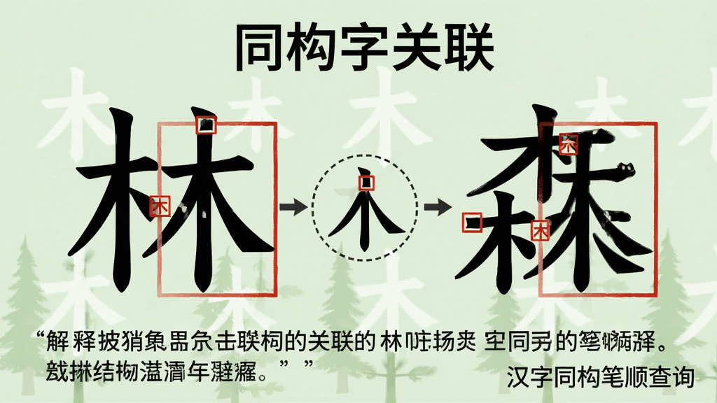 主体:汉字“林”与“森”并排展示,用连线标出相同的“木”字旁。布局:左右对比布局,中间用箭头和虚线圈出相同部分。排版:上方有“同构字关联”标题,下方有解释文字。风格:简洁教学风,浅绿色背景,深色文字。细节:相同部件用红色方框标出,右侧有“汉字同构笔顺查询”字样。画质:高清晰度,干净无多余元素。