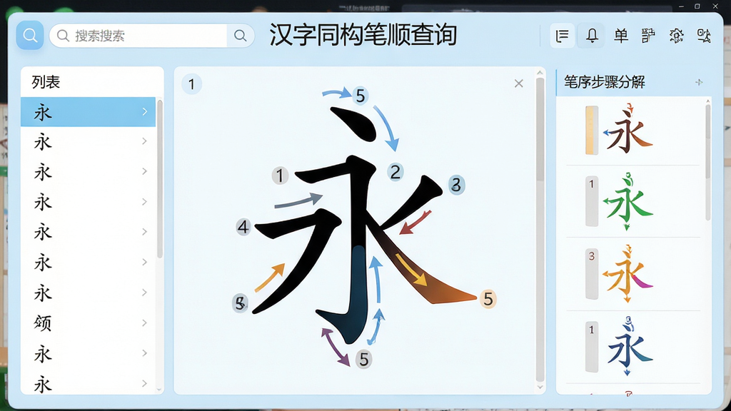 主体:汉字同构笔顺查询软件界面,展示一个汉字“永”的笔顺动态演示,周围有笔画序号标注。布局:界面中央为放大演示区,左侧为汉字列表,右侧为笔顺步骤分解。排版:清晰的功能分区,顶部有搜索栏与工具栏。风格:现代扁平化设计,配色以白色和淡蓝色为主,简洁明亮。细节:笔画箭头方向清晰,每一步骤用不同颜色区分,界面文字显示“汉字同构笔顺查询”字样。画质:高清渲染,干净无多余元素。