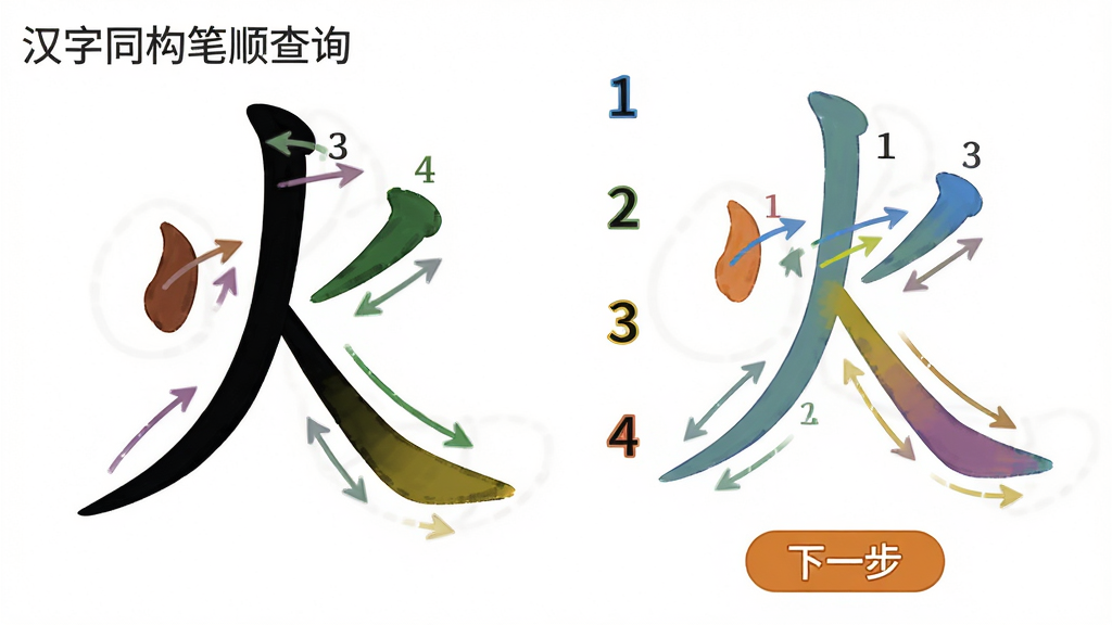 主体:汉字“火”的笔顺分解图,每一步用不同颜色箭头标出。布局:左侧为完整汉字,右侧为逐步分解的笔画序列。排版:步骤编号清晰,下方有“下一步”按钮。风格:教育风格,白底,彩色笔画,适合教学展示。细节:每个笔画旁标注序号,箭头指示书写方向,画面左上角有“汉字同构笔顺查询”水印。画质:清晰矢量图,干净无多余元素。