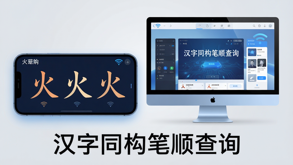 主体:手机与电脑并排展示汉字同构笔顺查询软件界面,手机横屏显示“火”的笔顺动画,电脑显示软件主页。布局:左手机右电脑,背景为浅灰色。排版:画面下方有“汉字同构笔顺查询”字样。风格:科技感,蓝色调,光线柔和。细节:屏幕内容清晰可辨,有Wi-Fi图标表示在线同步。画质:高清渲染,干净无多余元素。