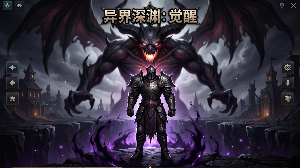 主体:游戏主城界面,一个身披重甲的角色站在深渊边缘,背后是巨大的恶魔虚影。布局:角色居中,恶魔虚影占据背景上部,下方是翻涌的暗紫色能量。排版:游戏LOGO“异界深渊:觉醒”置于画面顶部中央,UI按钮简洁分布在两侧。风格:暗黑幻想风,高对比度光影,细节丰富。画质:超高清,细腻的光影粒子效果,干净无多余元素。