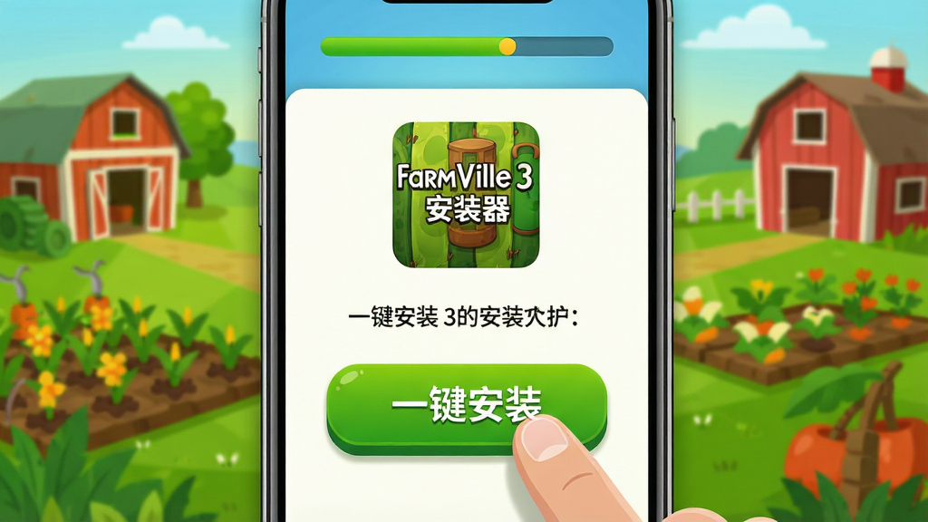 ���壺�����ֻ���Ļչʾ��FarmVille 3��װ����һ����װ���棬��ָ�������װ����ť�����֣��ֻ����У���Χ����ɫũ������Ԫ�ء��Ű棺�����࣬��ť��Ŀ����񣺱�ƽ����Ϲ�ӰЧ����ɫ�����ޡ�ϸ�ڣ���װ��ť��д�С�һ����װ�����֣���Ļ�Ϸ���ʾ�����������ʣ����壬�ɾ����޶���Ԫ�ء�