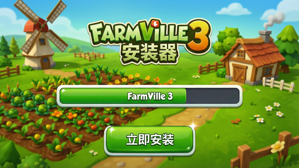 ���壺һ����Ϊ��FarmVille 3��װ�������ֻ�Ӧ�ð�װ���棬����Ϊ������������ɫũ��������ũ��糵��С�ݡ����֣���������չʾ��װ���������Ϸ�����ϷLogo���·��С�������װ����ť���Ű棺������ˣ�ͼ�������ֶ��룬��������Ŀ����񣺿�ͨдʵ��ɫ����������ܰ��Ȼ��ϸ�ڣ���װ����������ʾ��FarmVille 3����������ť�и߹�Ч�������ʣ����壬�ɾ����޶���Ԫ�ء�
