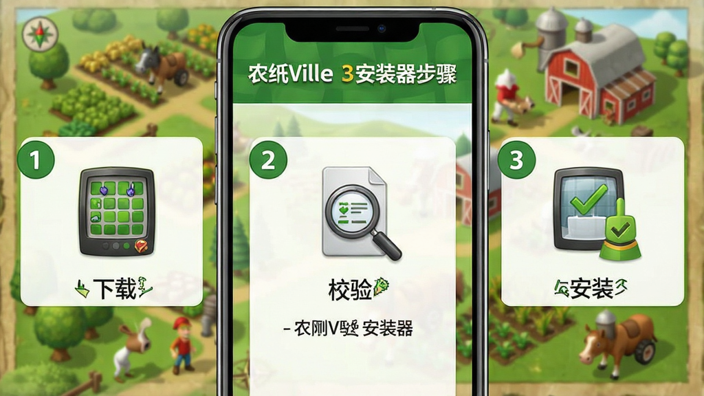 ���壺�ֻ���Ļ��ʾ��FarmVille 3��װ����ʹ�ý̳̲��裬����Ϊũ����ͼ�����֣��ֲ�ͼʾ��ÿ���б�š��Ű棺�����������ּ�ࡣ��񣺽̷̳����ɫ������ϸ�ڣ�����1��2��3�ֱ��Ӧ���ء�У�顢��װ�����ʣ����壬�ɾ����޶���Ԫ�ء�