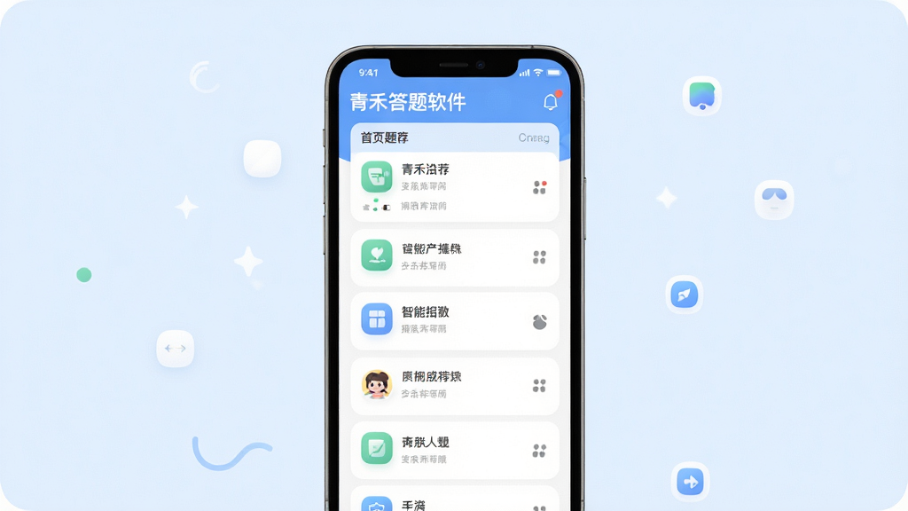 青禾答题软件主界面预览图,展示首页题库列表与智能推荐卡片,背景淡蓝色,手机居中,界面简洁现代,图标圆润,文字清晰,画质高清,干净无多余元素