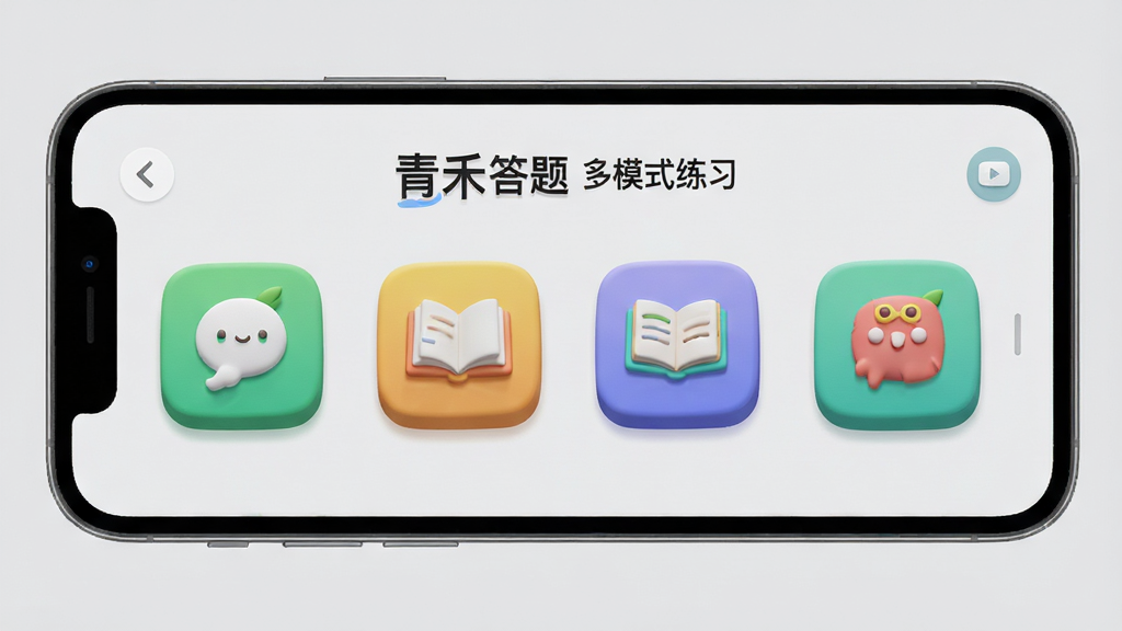 青禾答题多模式练习界面展示,手机屏幕显示四种练习模式图标,色彩鲜明,图标立体,背景浅灰色,排版整齐,画质高清,干净无多余元素