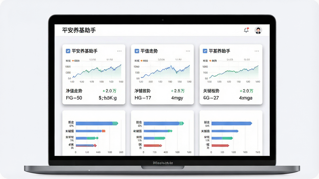 主体为笔记本电脑屏幕显示“平安养基助手”的基金对比页面,屏幕上并排展示三只基金的卡片,每张卡片上有基金名称、净值走势迷你图、关键指标数字,下方是横向柱状图对比。布局为三列等宽卡片,背景为浅灰白色,风格为简洁商务风,细节中卡片有阴影边框,文字“平安养基助手”位于页面顶部导航栏,画质干净,无多余元素。