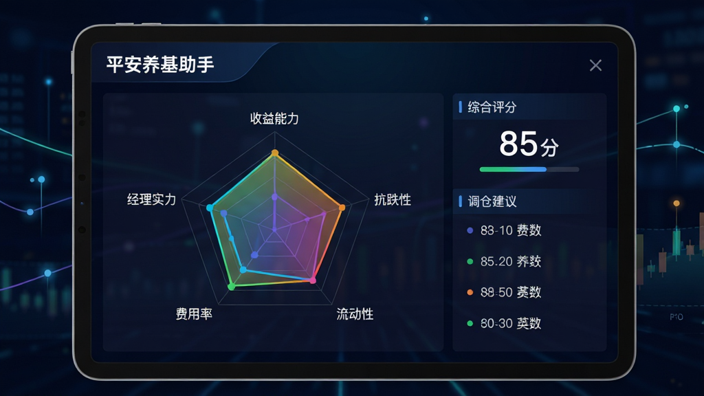 主体为一块平板电脑横屏展示“平安养基助手”的持仓诊断报告页面,页面上有一个五边形雷达图,标注“收益能力”、“抗跌性”、“流动性”、“费用率”、“经理实力”五个维度,右侧是综合评分“85分”和调仓建议列表。布局为左右分栏,背景是深色科技感渐变,配以发光的线条和数据点。风格为数据可视化大屏风格,细节中雷达图颜色鲜艳,文字“平安养基助手”显示在左上角,画质清晰,干净,无多余元素。