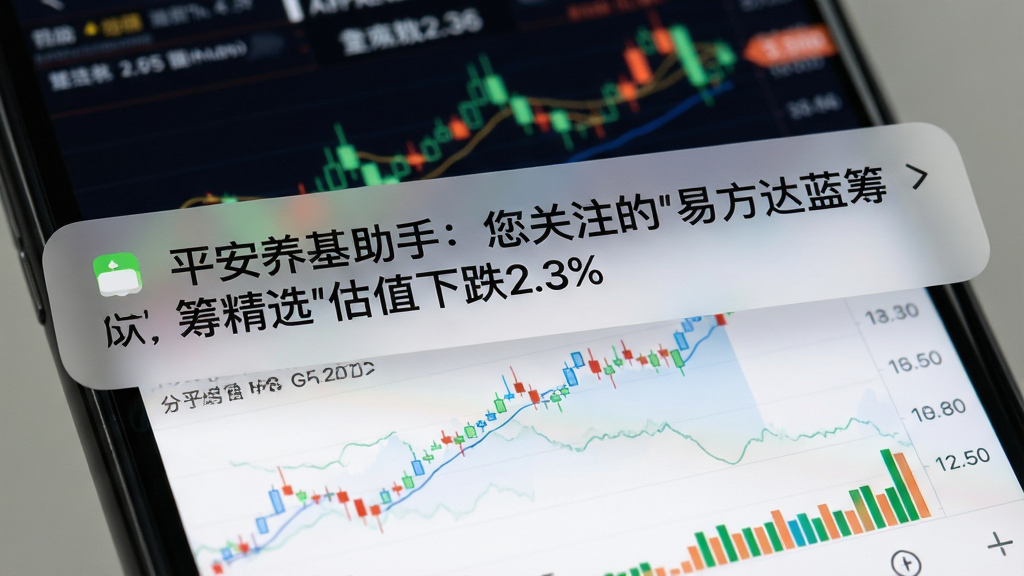 主体为智能手机锁屏界面,屏幕上弹出一条通知横幅,内容为“平安养基助手:您关注的‘易方达蓝筹精选’估值下跌2.3%”,下方是解锁后的行情图表页面,显示分时走势和成交量。布局为前景通知横幅覆盖在背景图表上,背景为模糊处理的K线图,风格为写实手机截图风格,细节中通知横幅有圆角阴影,文字清晰,画质极清,干净,无多余元素。