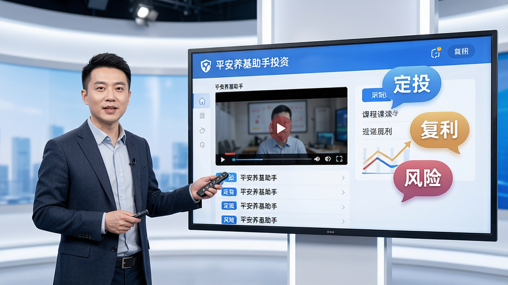 主体为一位讲师站在大屏幕前讲解,大屏幕上显示“平安养基助手”的投资课堂界面,有视频播放窗口和课程列表,右侧漂浮着“定投”、“复利”、“风险”等关键词气泡。布局为讲师位于左侧,大屏幕位于右侧,背景为明亮的演播室风格,风格为教育宣传照片风格,细节中讲师手持遥控笔,屏幕内容清晰,画质高清,干净,无多余元素。