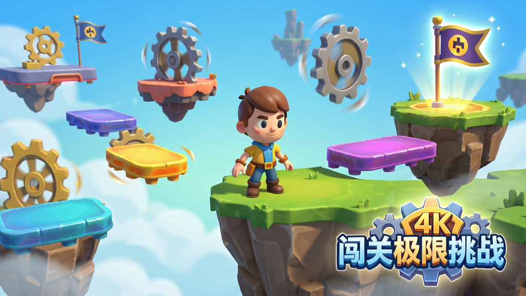 ���壺��Ϸ������չʾ��һλ��ͨ���Ľ�ɫվ�����±�Ե����ǰ�ǲ������ĸ���ƽ̨�ͳ��ֻ��ء����֣���������Ϊ��ɫ����Χ�ֲ��Ų�ͬ��ɫ���ƶ�ƽ̨����ת�ľ�ݺͷ�����յ��졣�Ű棺��ɫλ�ڻƽ�ָ�㣬�յ��������Ͻǣ��·��С����ؼ�����ս����LOGO����������������޵Ŀ�ͨ��Ⱦ��ϸ�ڷḻ����Ӱͨ͸�����ʣ�4K���壬�ɾ����޶���Ԫ��