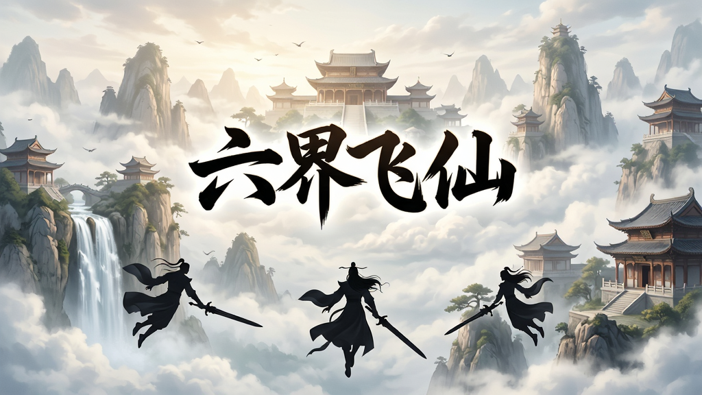 主体:六界飞仙游戏宣传图,展示仙侠世界全景。布局:中心突出游戏logo“六界飞仙”,背景为云雾缭绕的仙山琼阁,前景有御剑飞行的角色剪影。排版:文字居中,画面层次分明,远近景深清晰。风格:国风水墨与写实结合,色彩淡雅,光影柔和。细节:山峦叠嶂、飞瀑流泉、古建筑群,角色衣袂飘飘。画质:8K超清,细节丰富,干净无多余元素。
