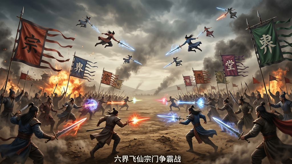 主体:六界飞仙宗门争霸战场景。布局:两方阵营在开阔的战场上对峙,空中有人御剑飞行。排版:双方旗帜鲜明,战斗场面宏大。风格:写实战争风,色彩浓烈,硝烟弥漫。细节:技能爆炸、旗帜飘扬、角色冲锋。画质:高清,干净无多余元素。