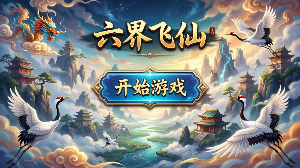 主体:六界飞仙游戏登录界面。布局:界面中央是“开始游戏”按钮,背景是仙侠世界远景。排版:按钮醒目,背景层次丰富。风格:华丽国风,色彩绚烂。细节:有祥云、仙鹤等元素。画质:高清,干净无多余元素。