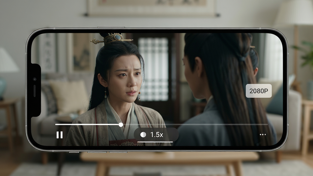 ���壺һ���ֻ�����������Ƶ�Ļ��棬��������ʾһ����װ�糡������Ļ�·��б���ѡ�1.5x�������֣��ֻ��������У�����Ϊ�黯�Ŀ����������Ű棺������������ˬ���Ҳ����������л���ť��1080P�������дʵ��Ӱ���ǿ�����廭�ʡ�ϸ�ڣ������沿���������ɼ������ʣ����壬����ɾ����޶���Ԫ�ء�