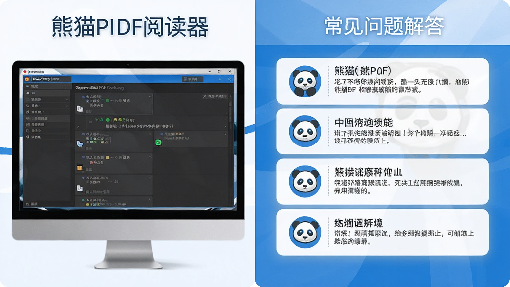 熊猫PDF阅读器使用教程示意图,屏幕分为左右两部分,左边显示软件设置界面,右边显示常见问题解答列表,整体以蓝色和白色为主色调,配以简单图标,风格简洁明了,画质干净