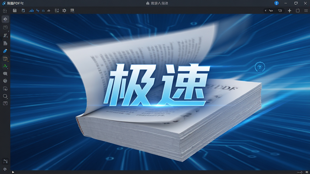 熊猫PDF阅读器快速打开一份厚厚PDF文档的动感画面,页面快速翻动,残影效果显示流畅感,背景有高速运动线条,画面中央有“极速”二字,整体风格科技感强,蓝色调为主,画质干净高清