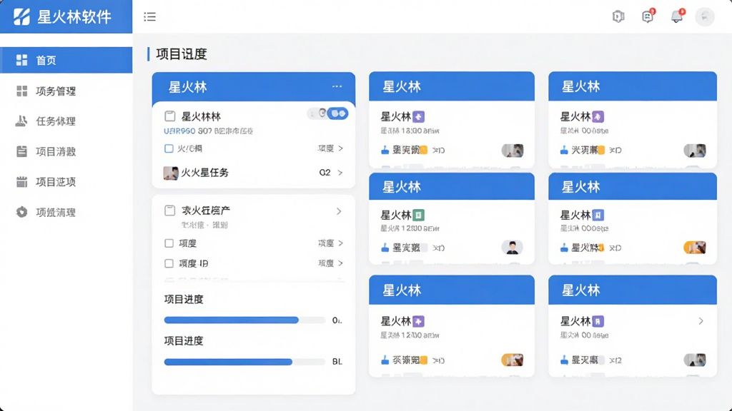 星火林软件主界面预览图,展示看板式任务列表与项目进度条,整体采用蓝白配色,界面干净清爽,左侧为功能导航栏,右侧为任务卡片排列,卡片上标注“星火林”字样,扁平化设计风格,画质清晰,无多余元素