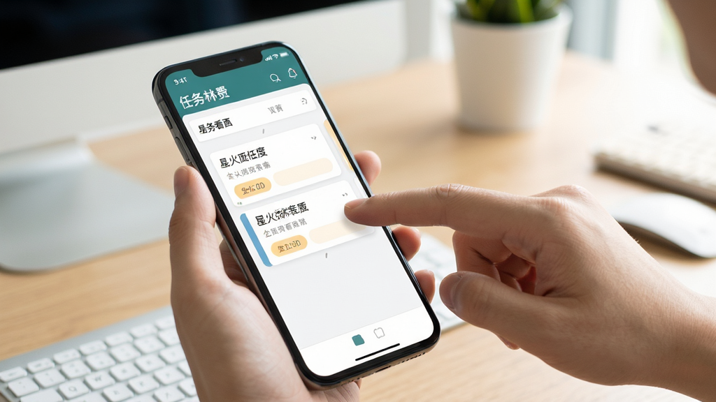 星火林手机端使用场景图,手机屏幕显示任务看板,手指正在拖拽任务卡片,背景为办公桌面,整体明亮,突出应用界面,画质干净,无多余元素