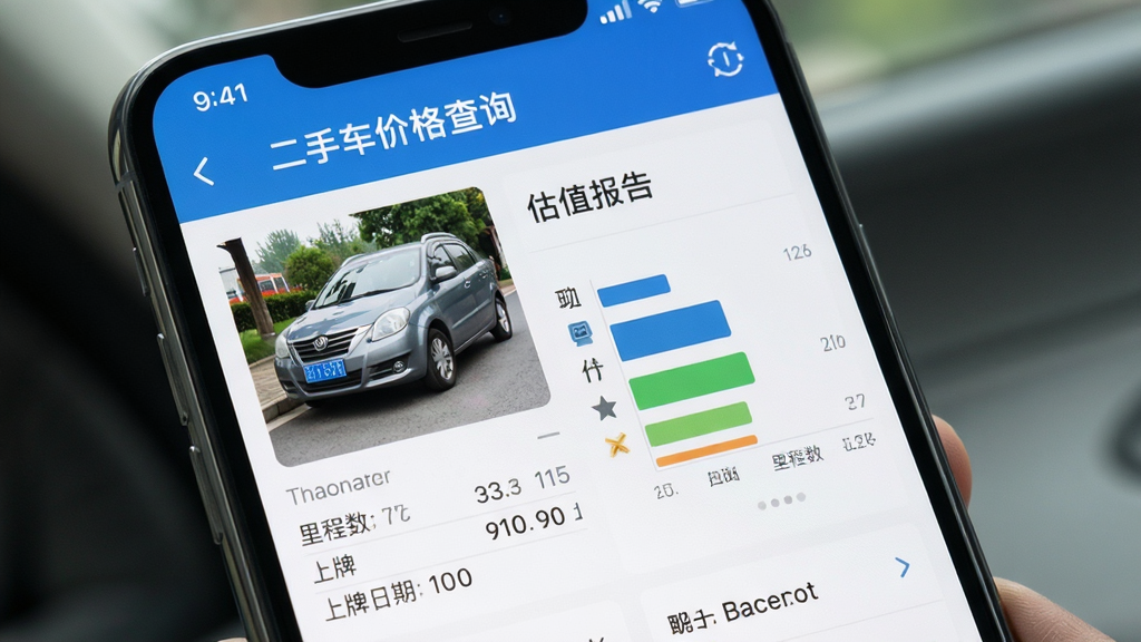 主体为智能手机界面展示“二手车价格查询”智能估值结果,屏幕上有车辆照片、价格区间条形图与“估值报告”字样,布局左右分栏,排版简洁,风格写实,细节包括里程数与上牌日期,画质清晰干净,无多余元素。