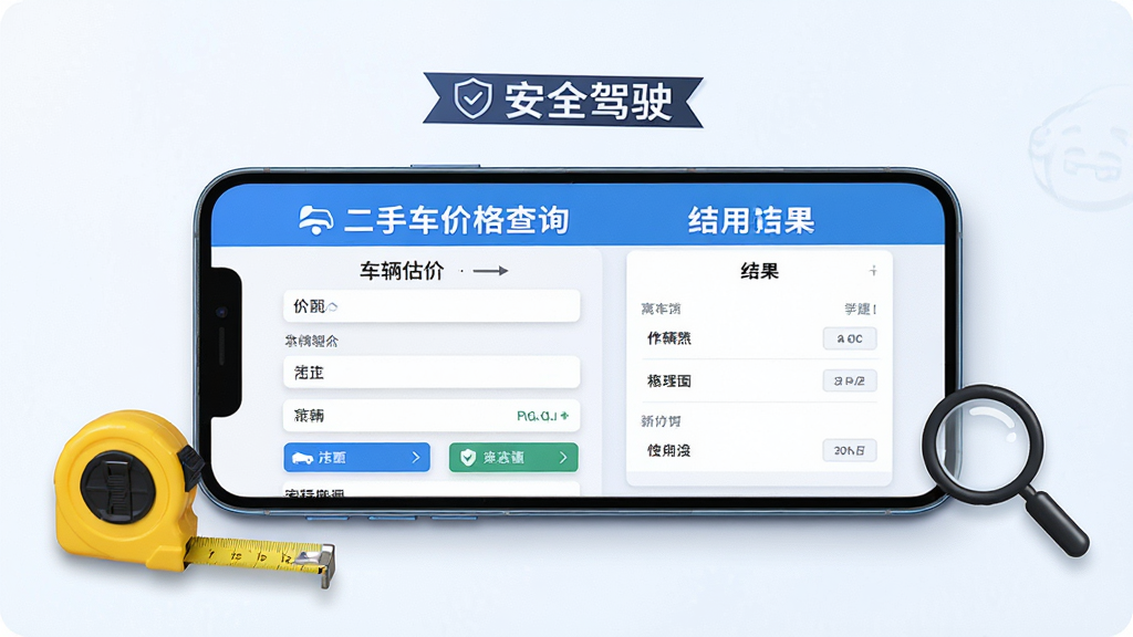 主体为智能手机横屏展示“二手车价格查询”使用场景,屏幕上有车辆估价表单与结果页面,旁边有卷尺和放大镜图标,布局错落有致,排版清晰,风格干净明亮,细节包括“安全驾驶”标语,画质高清,无多余元素。