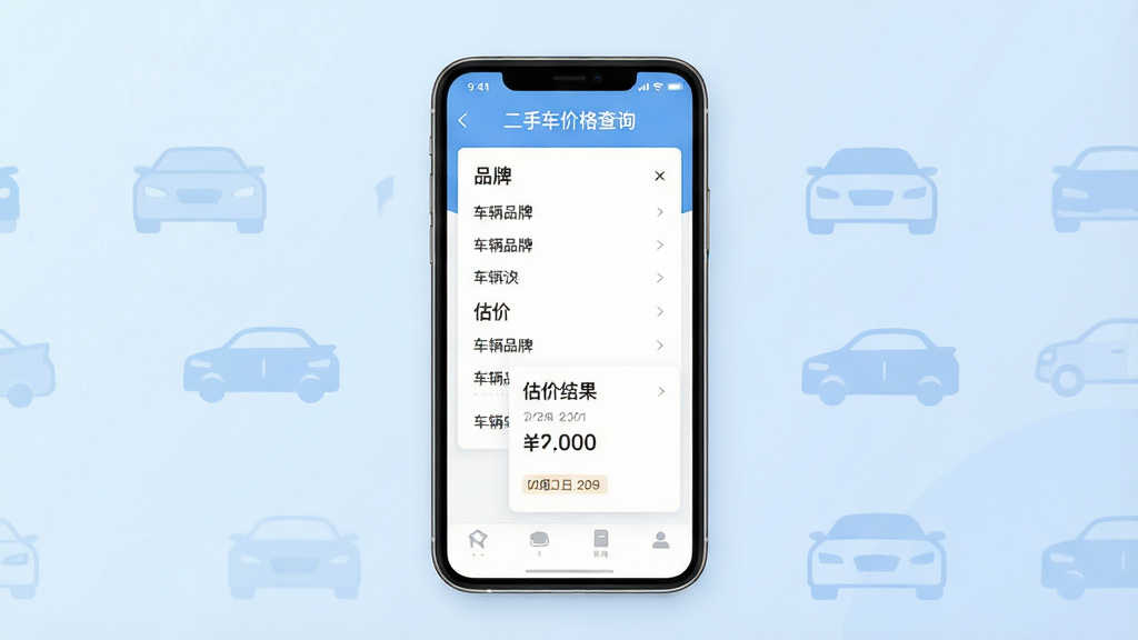 主体为一部智能手机屏幕显示“二手车价格查询”应用界面,界面有车辆品牌选择列表与估价结果卡片,背景为简洁的浅蓝色渐变与汽车轮廓图标,布局居中,排版清晰,风格现代扁平,细节包括价格数字与日期标签,画质高清干净,无多余元素。