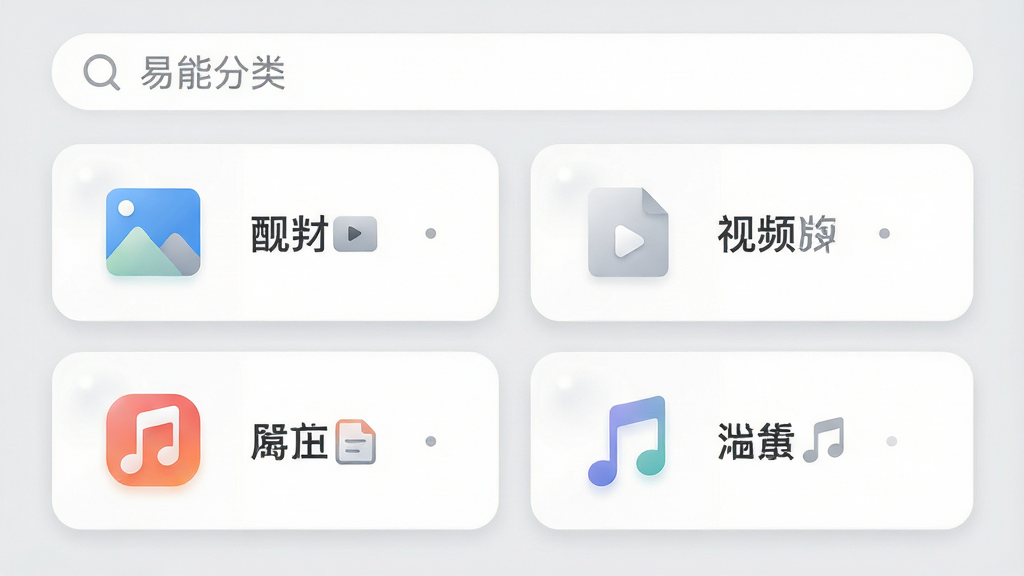 易能云App的智能分类界面,顶部为搜索栏,下方网格状分布着图片、视频、文档、音乐四个分类卡片,每个卡片带有代表性的小图标,背景为浅灰色,布局规整,风格扁平化,细节高光柔和,画质干净无多余元素