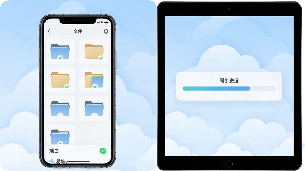 画面主体为易能云App在手机与平板上的双屏展示界面,左侧屏幕显示文件分类图标,右侧屏幕展示同步进度条,背景为淡蓝色渐变云朵图案,布局采用居中对称构图,整体风格清新简约,细节包含文件夹缩略图与绿色对勾标识,画质高清干净无多余元素