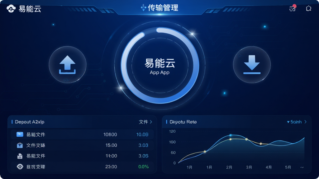 易能云App的传输管理页面,中央显示一个圆形进度环,周围环绕着上传和下载的箭头图标,下方有文件列表和速度曲线图,背景为深蓝色科技感渐变,布局动感,风格现代,细节高光点缀,画质清晰干净