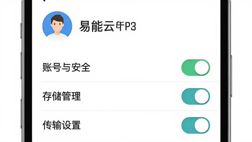 易能云App的设置页面,顶部为个人头像和账号名,下方排列着“账号与安全”“存储管理”“传输设置”等选项列表,背景为纯白色,布局简洁,风格清爽,细节有开关滑块,画质干净无多余元素